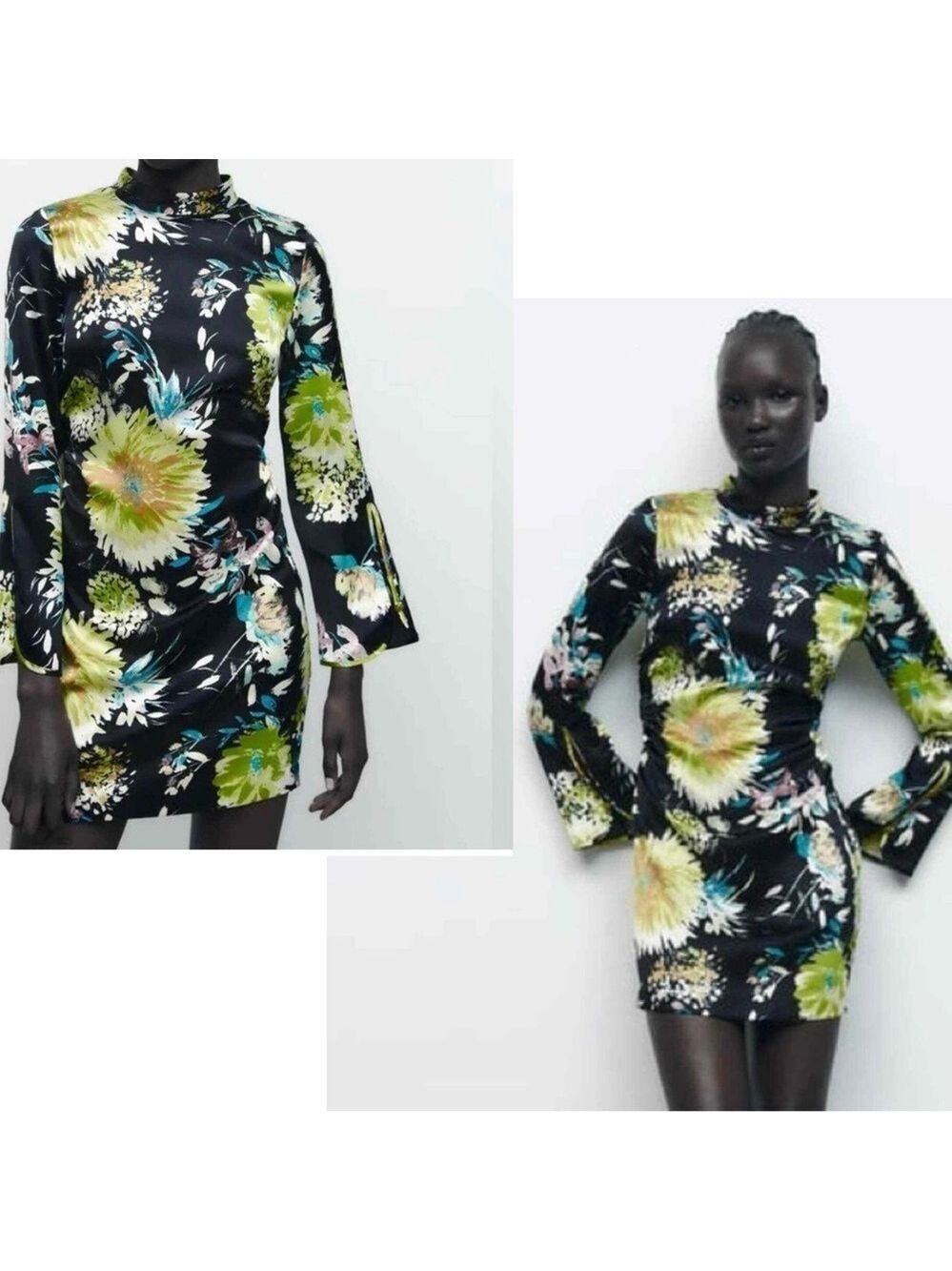 Zara Black satin floral flower print long sleeve high neck mini dress Sz S NWOT